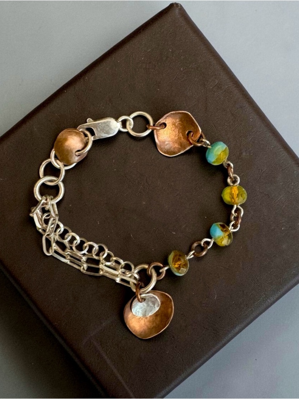 Sterling Silver & Copper Bracelet with Blue/Olive Green Beads, 92.5